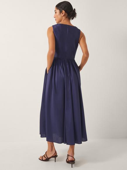 Monsoon Sylvia Floral Fitted Satin Flared Midi Dress, Navy - view 2, Navy