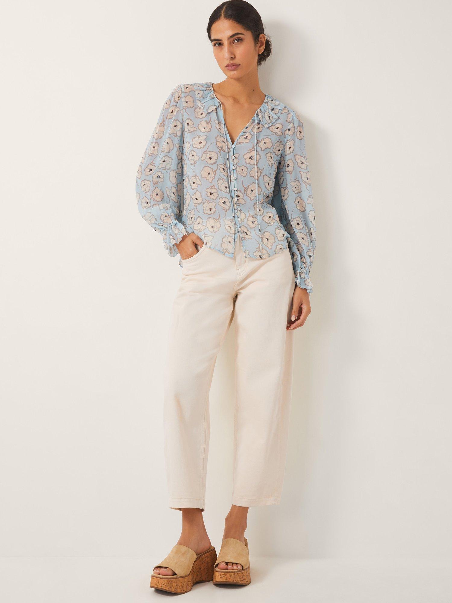 Product image 1 of 5, which shows Monsoon Chloe Floral Ruffle Blouse, Pale Blue/Multi, S