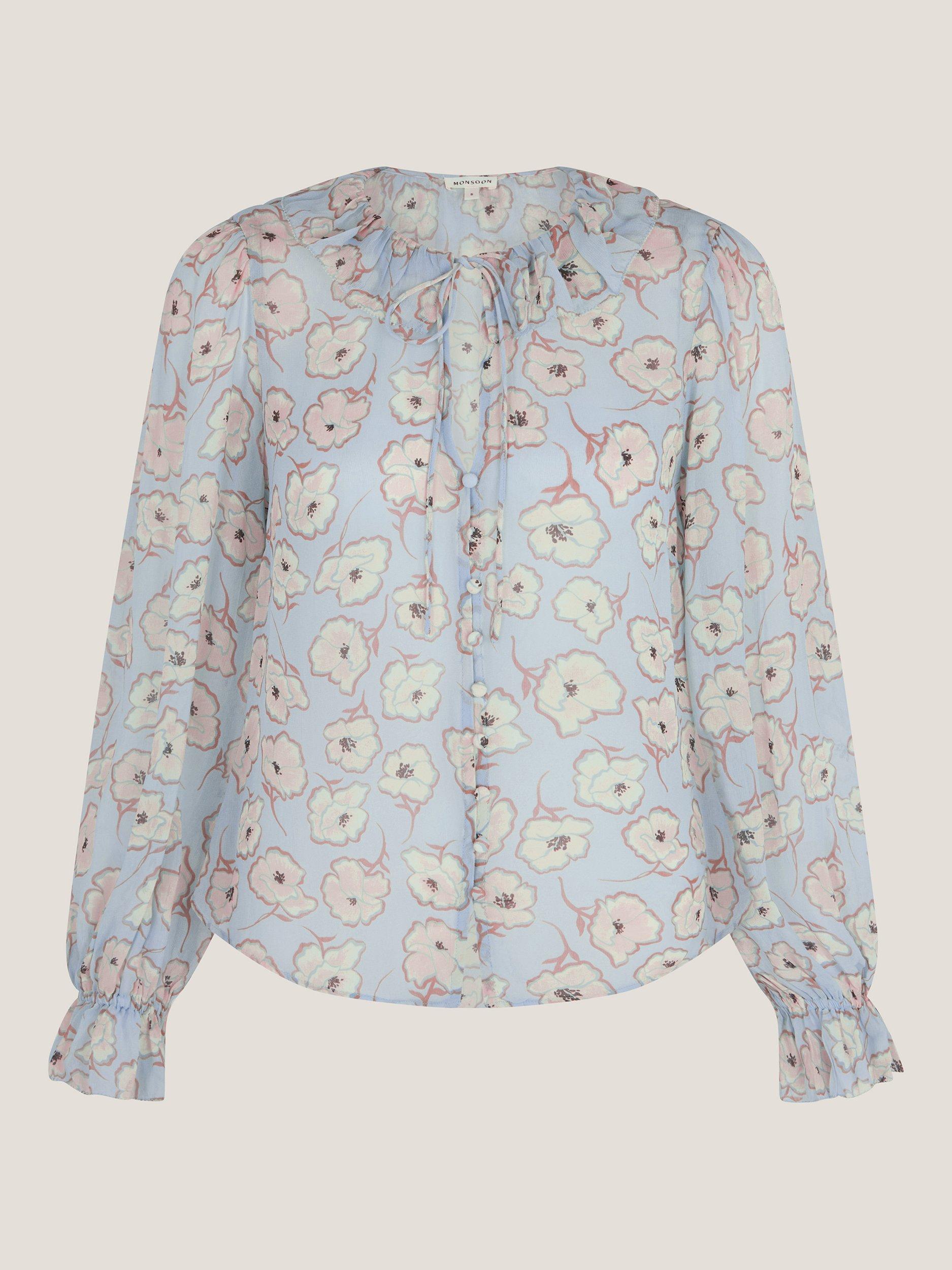 Product image 3 of 5, which shows Monsoon Chloe Floral Ruffle Blouse, Pale Blue/Multi, S