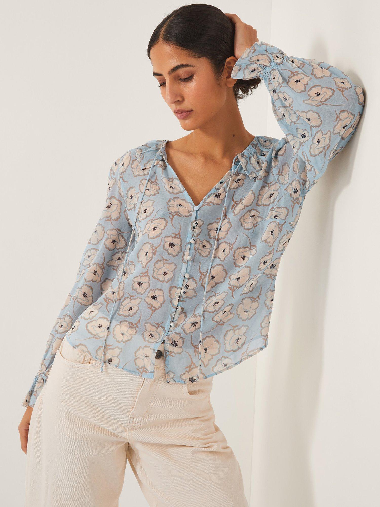 Product image 4 of 5, which shows Monsoon Chloe Floral Ruffle Blouse, Pale Blue/Multi, S