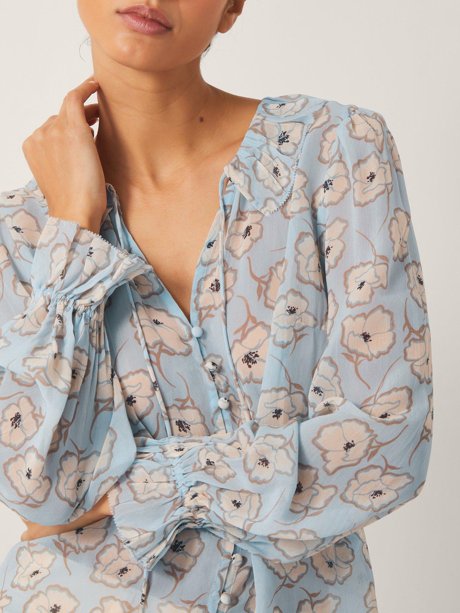 Product image 5 of 5, which shows Monsoon Chloe Floral Ruffle Blouse, Pale Blue/Multi, S