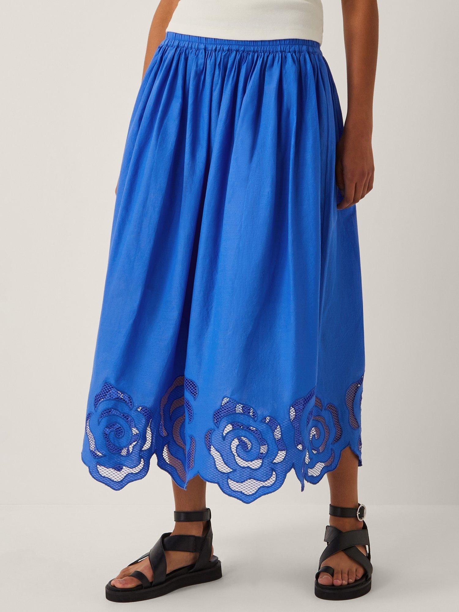 Product image 1 of 4, which shows Monsoon Grace Cutwork Midi Skirt, Cobalt, S