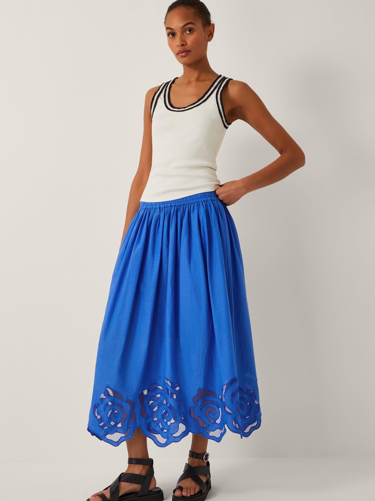 Product image 3 of 4, which shows Monsoon Grace Cutwork Midi Skirt, Cobalt, S