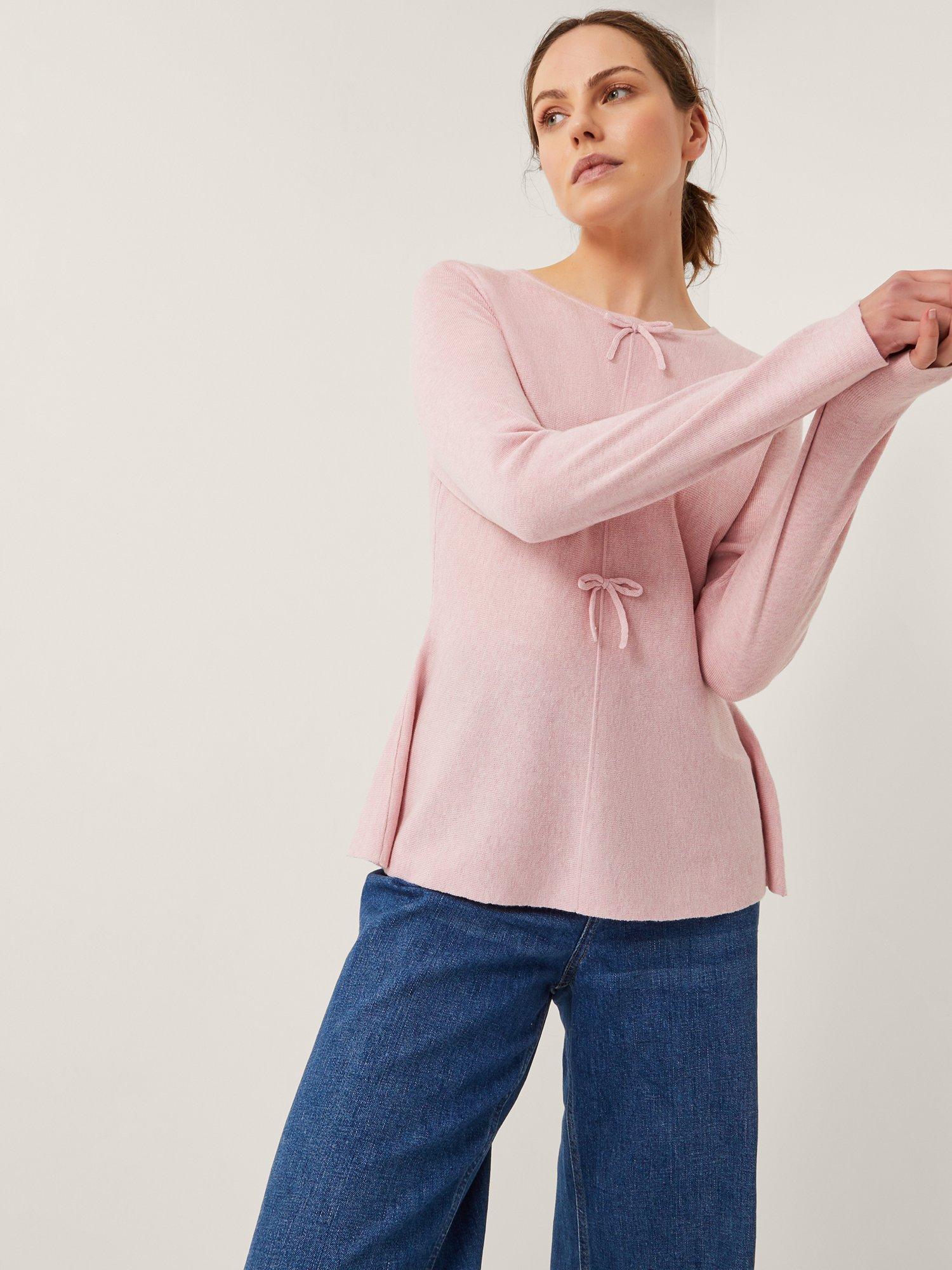 Product image 1 of 5, which shows Monsoon Paula Bow Front Jumper, Blush, 22