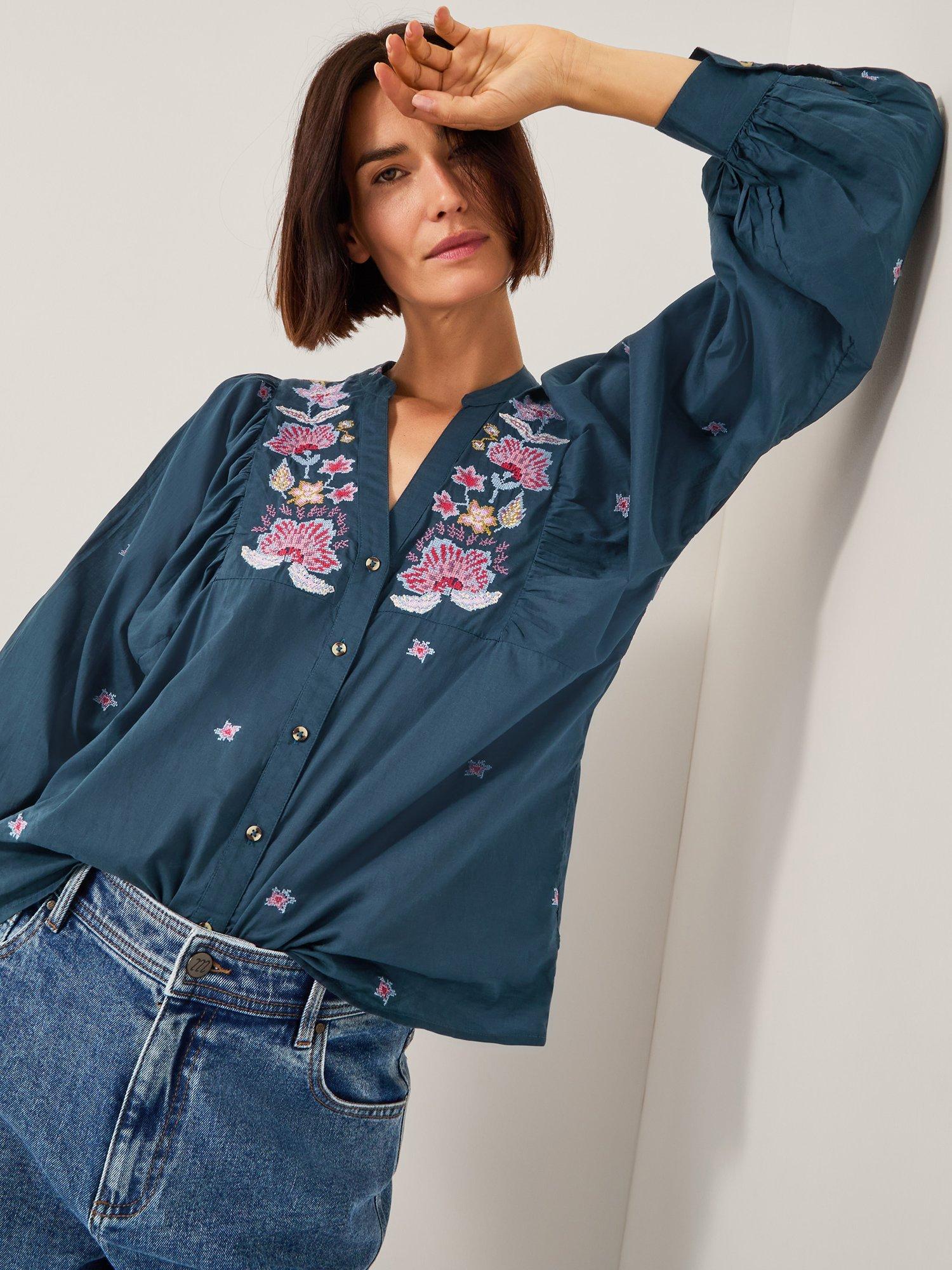 Product image 1 of 4, which shows Monsoon Bria Cross Stitch Embroidered Top, Blue, S