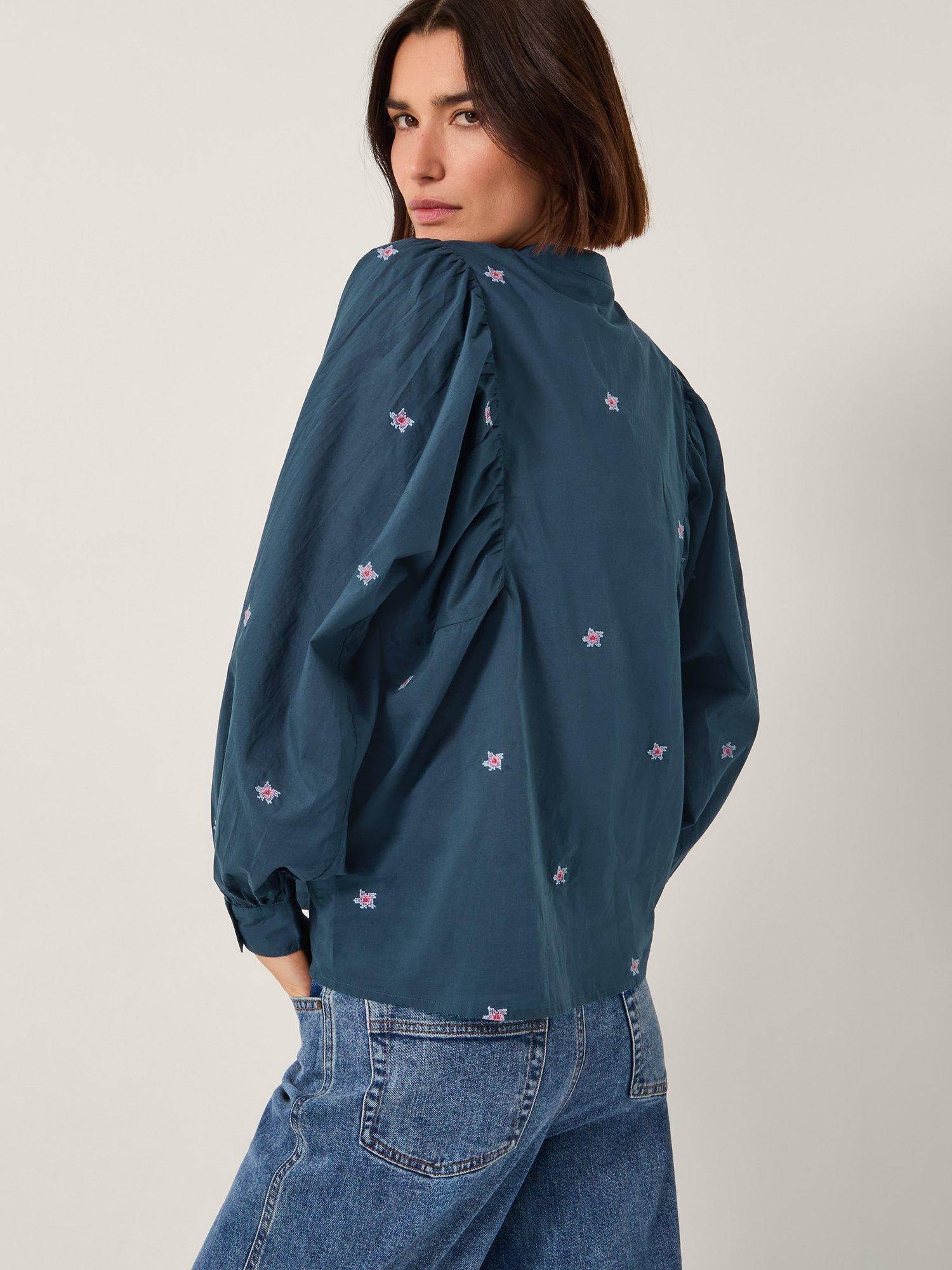 Product image 2 of 4, which shows Monsoon Bria Cross Stitch Embroidered Top, Blue, S