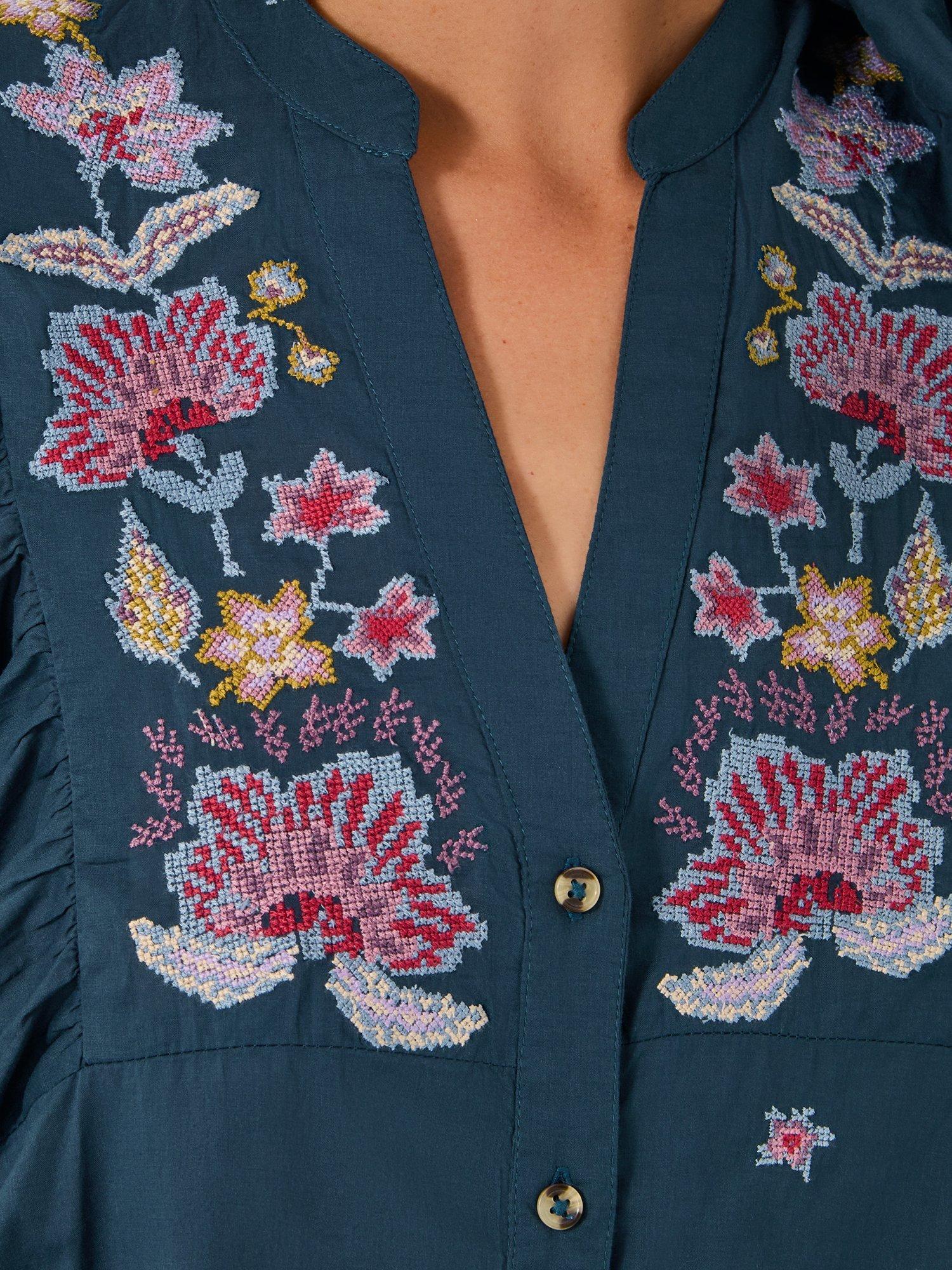 Product image 4 of 4, which shows Monsoon Bria Cross Stitch Embroidered Top, Blue, S