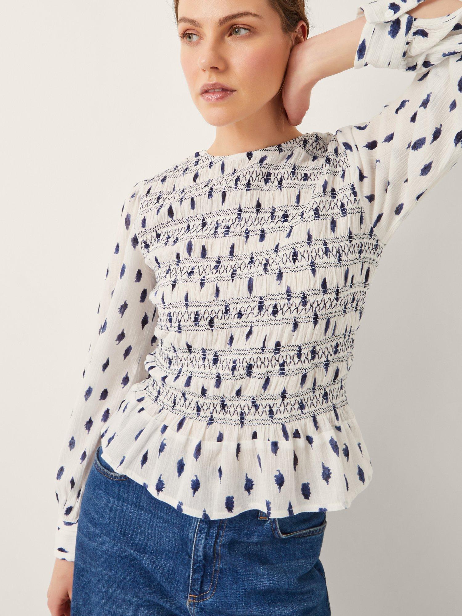 Product image 1 of 5, which shows Monsoon Molly Spot Smocked Top, Ivory/Multi, M