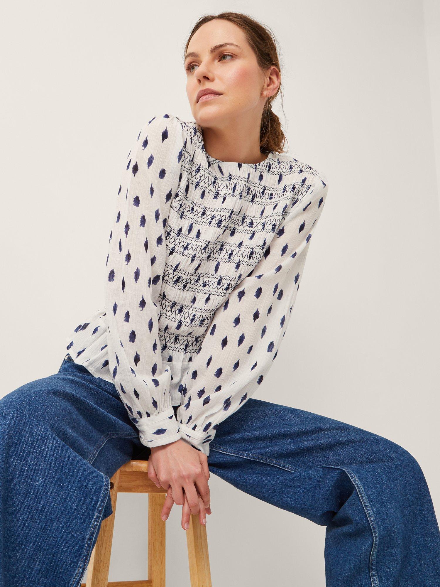 Product image 4 of 5, which shows Monsoon Molly Spot Smocked Top, Ivory/Multi, M