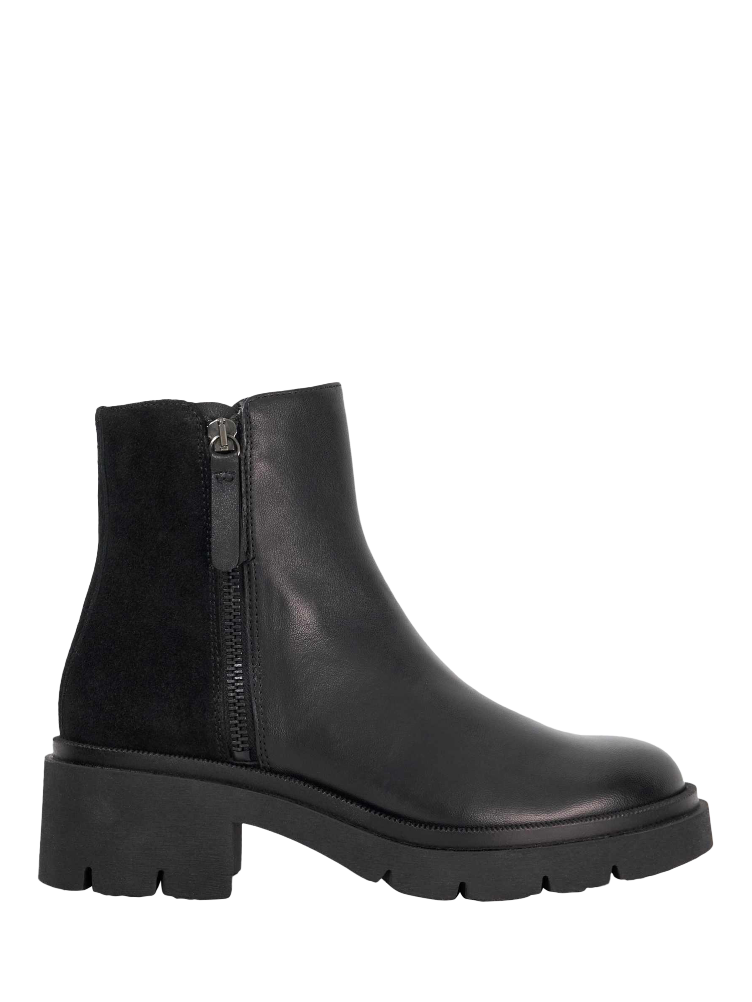 Product image 1 of 5, which shows Dune London Paving Leather Block Heel Ankle Boots, Black, EU36