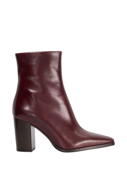 Dune London Patently Leather Chisel Toe High Block Heel Ankle Boots, Burgundy