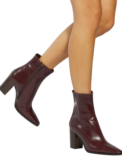 Dune London Patently Leather Chisel Toe High Block Heel Ankle Boots - view 2, Burgundy