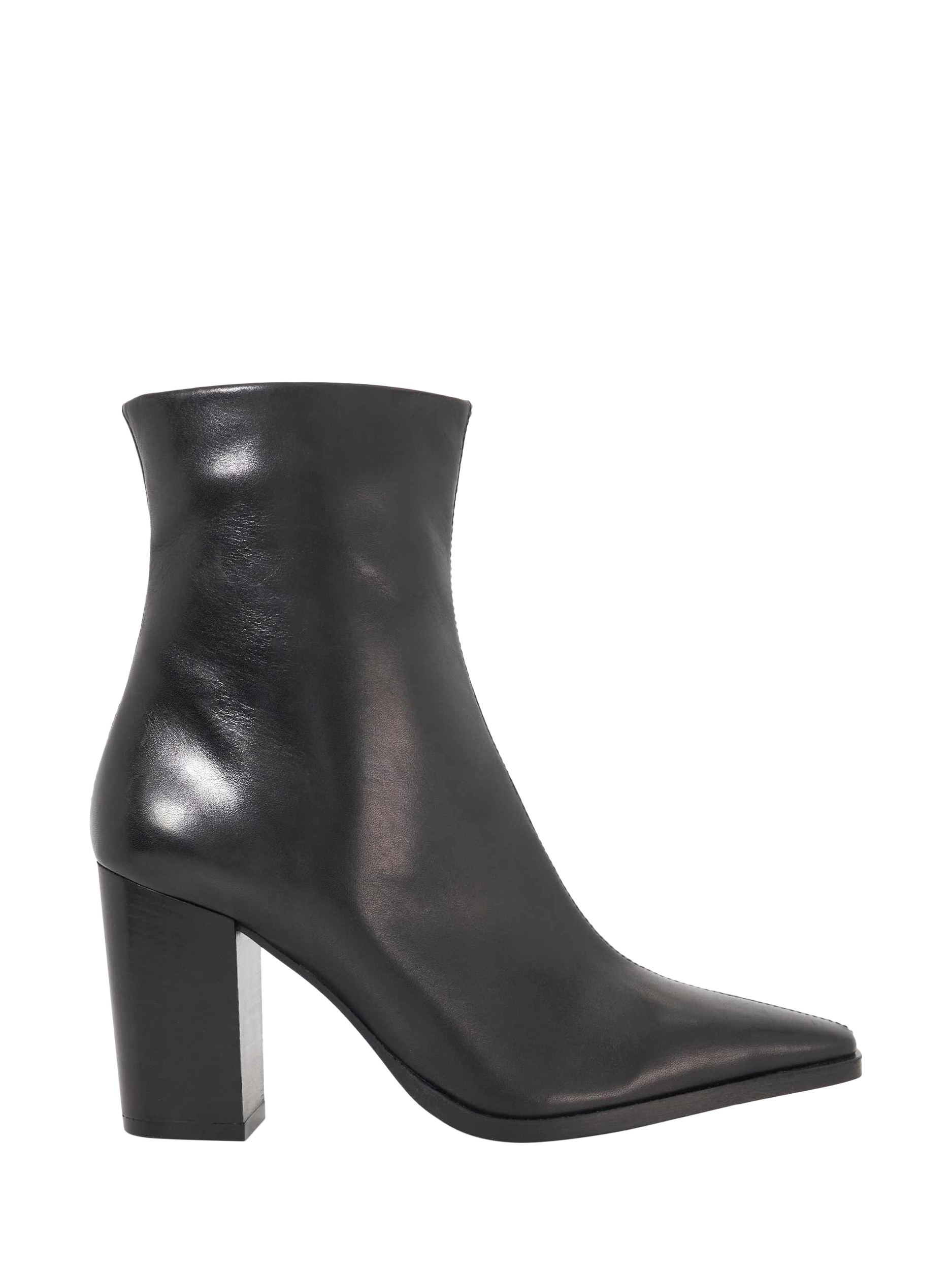 Product image 1 of 5, which shows Dune London Patently Leather Chisel Toe High Block Heel Ankle Boots, Black, EU36