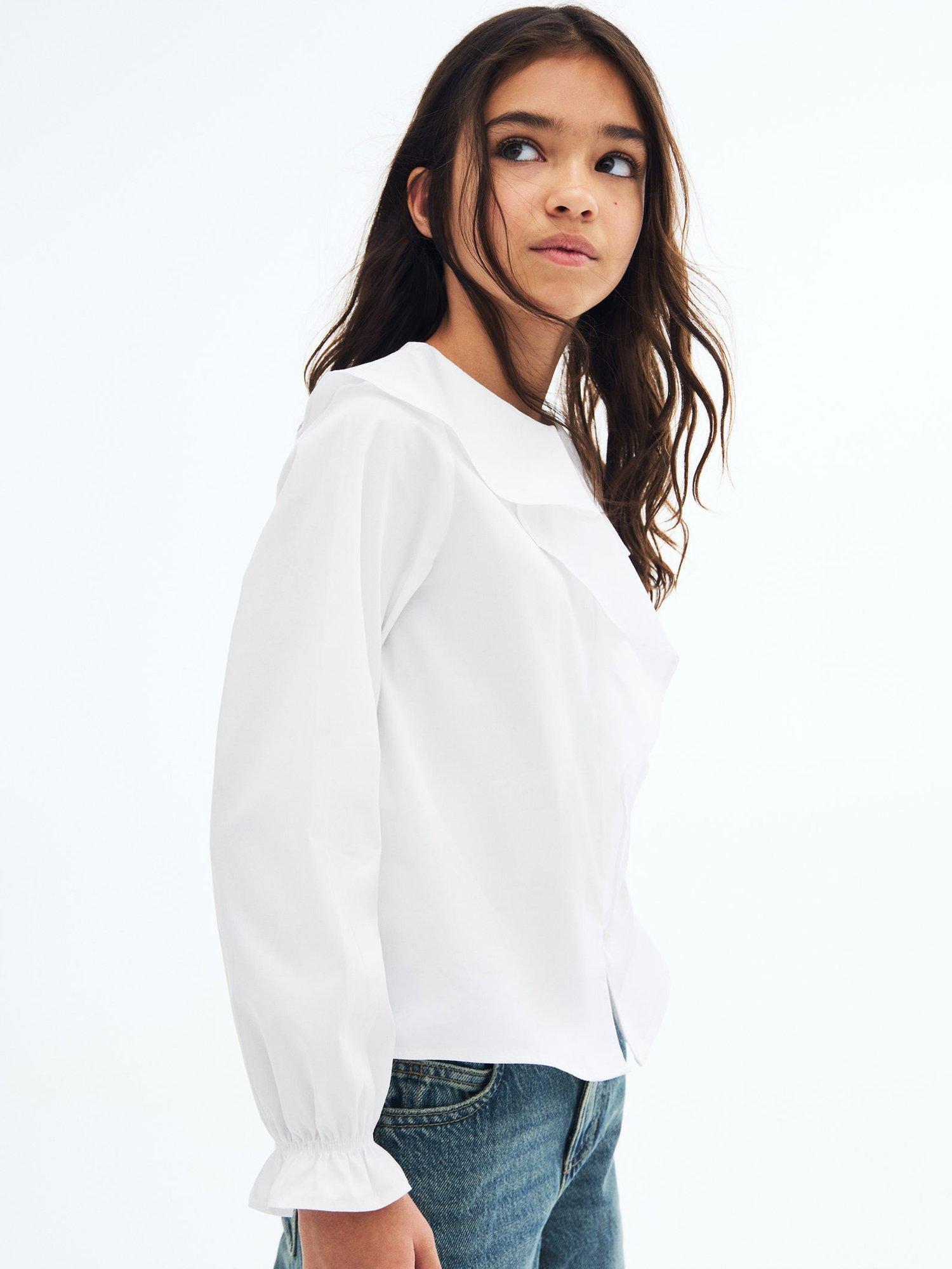 Product image 1 of 7, which shows Mango Kids' Cotton Long Sleeved Ruffle Shirt, White, 10 years