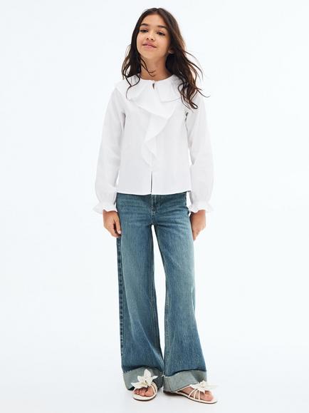 Mango Kids' Cotton Long Sleeved Ruffle Shirt, White - view 2, White