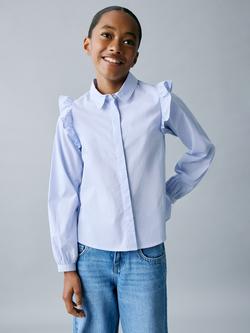 Mango Kids' Carlota Long Sleeved Frill Shirt, Medium Blue, Medium Blue