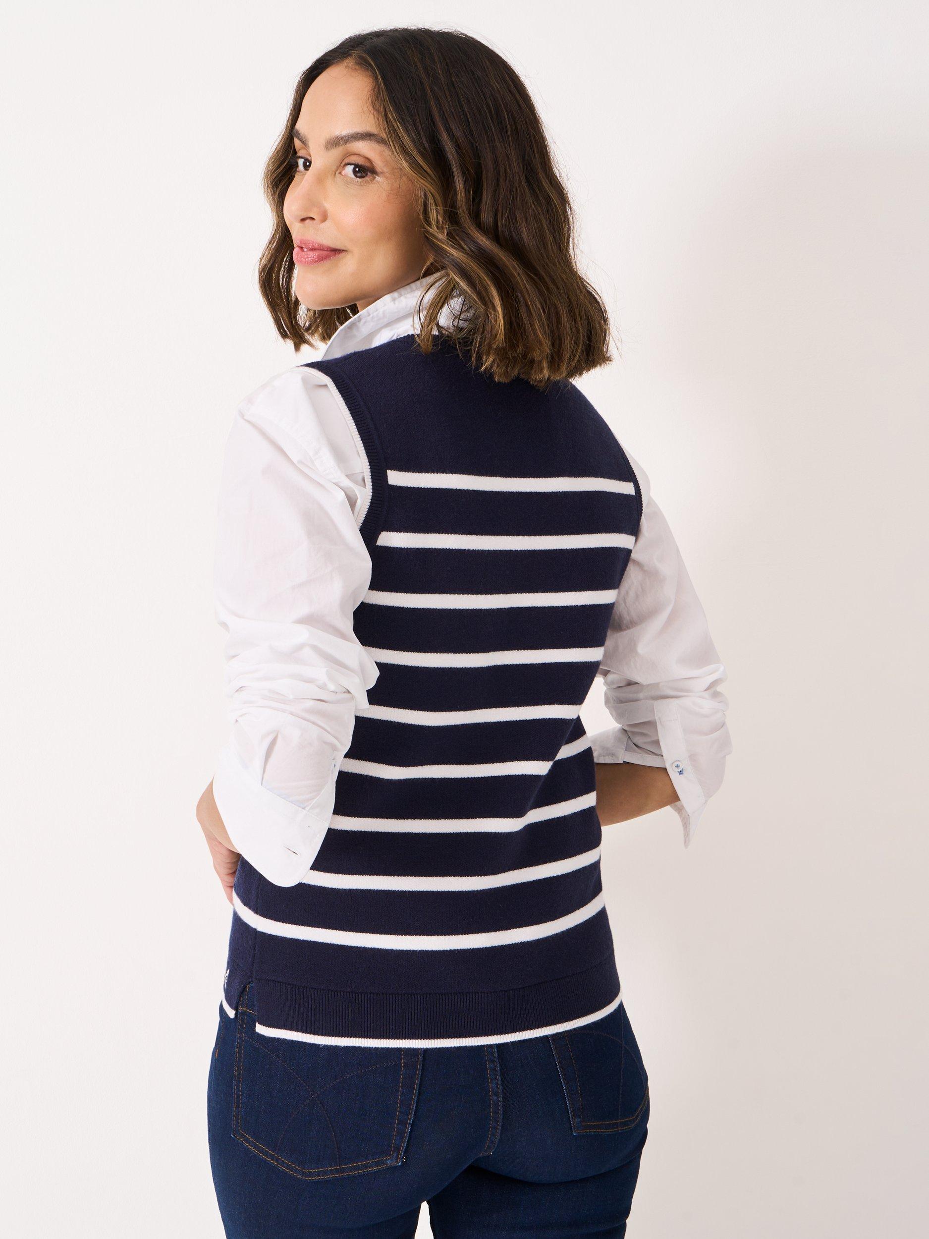 Product image 2 of 5, which shows Crew Clothing Stripe Knitted Tank Top, Navy Blue, 10