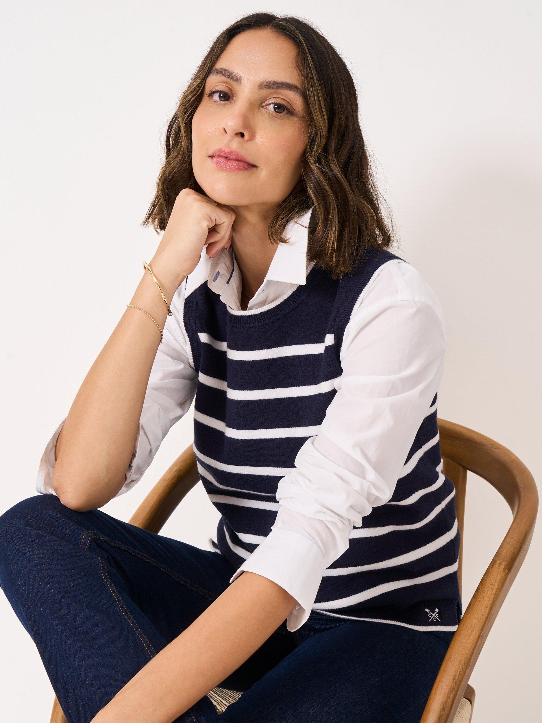 Product image 3 of 5, which shows Crew Clothing Stripe Knitted Tank Top, Navy Blue, 10