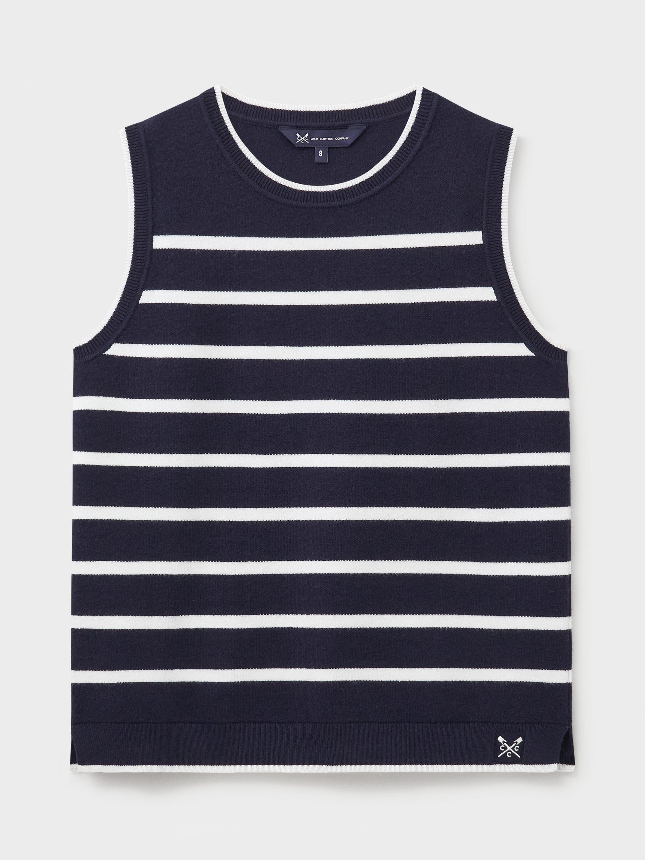 Product image 5 of 5, which shows Crew Clothing Stripe Knitted Tank Top, Navy Blue, 10