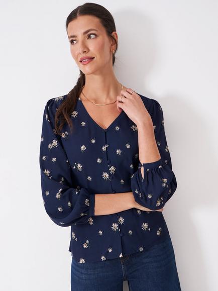 Crew Clothing Lola Floral Tie Back Top, Navy Blue, Navy Blue