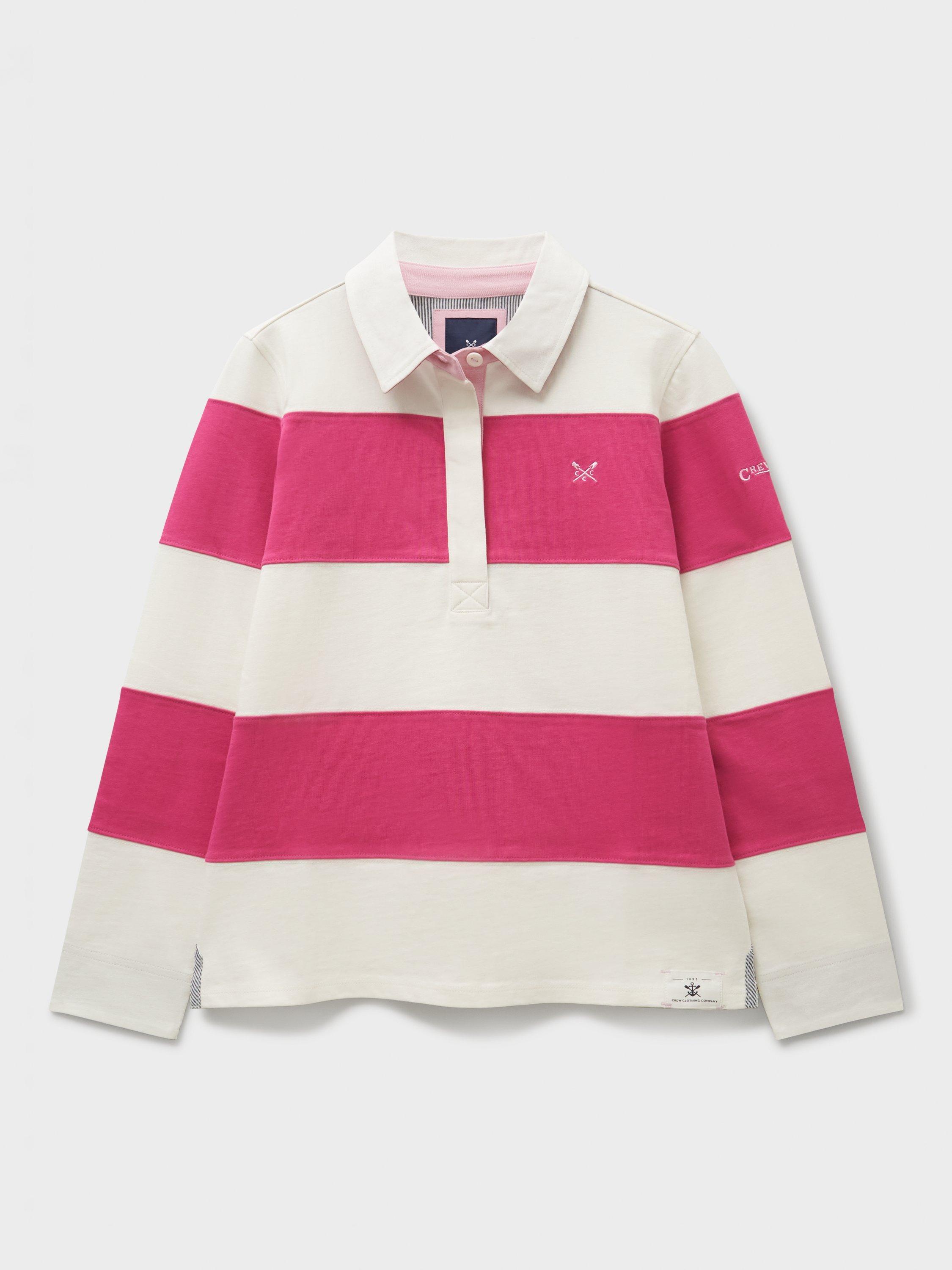 Product image 5 of 5, which shows Crew Clothing Stripe Rugby Shirt, Bright Pink, 10