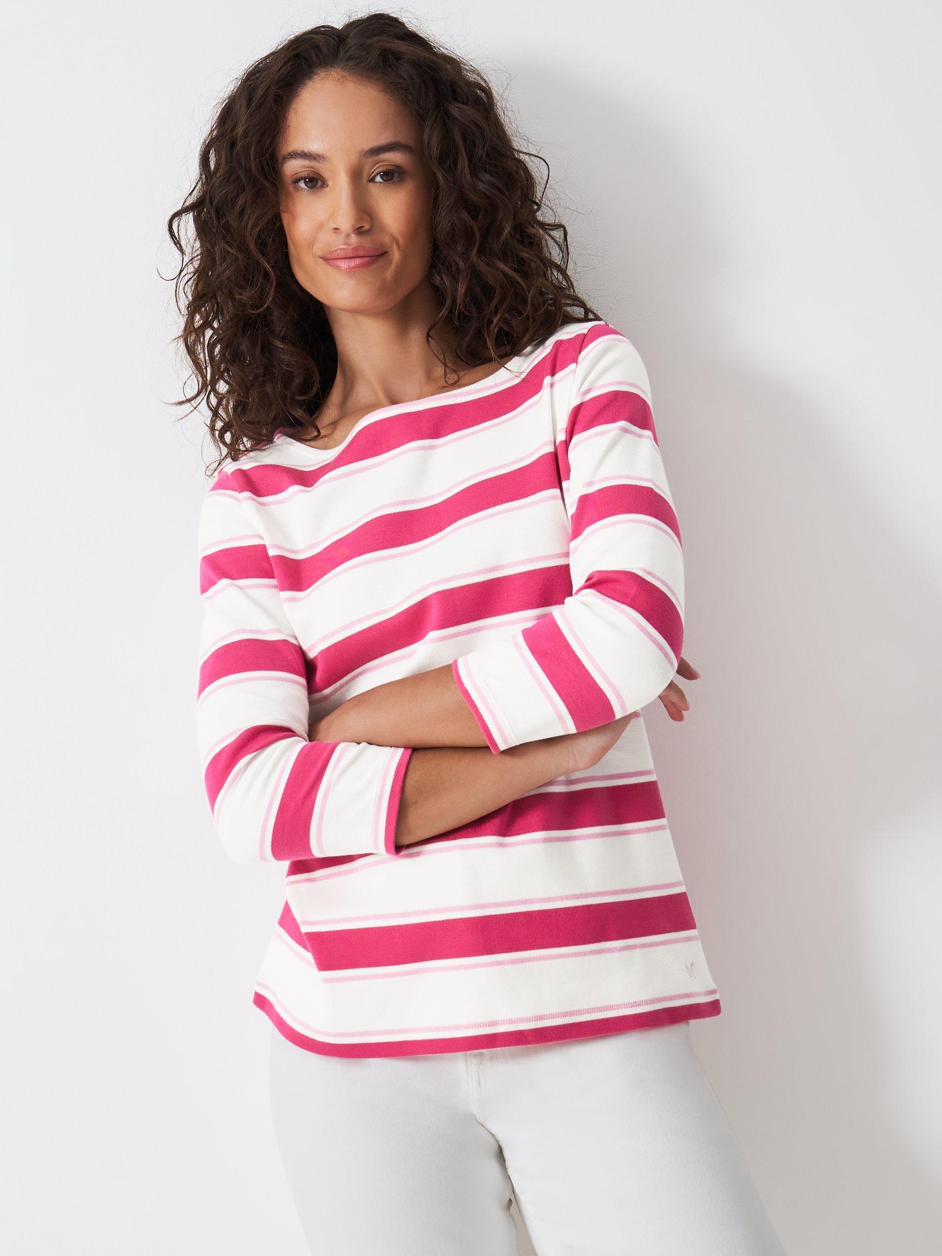 Product image 1 of 5, which shows Crew Clothing Ultimate Breton Stripe Top, Pink/White, 10