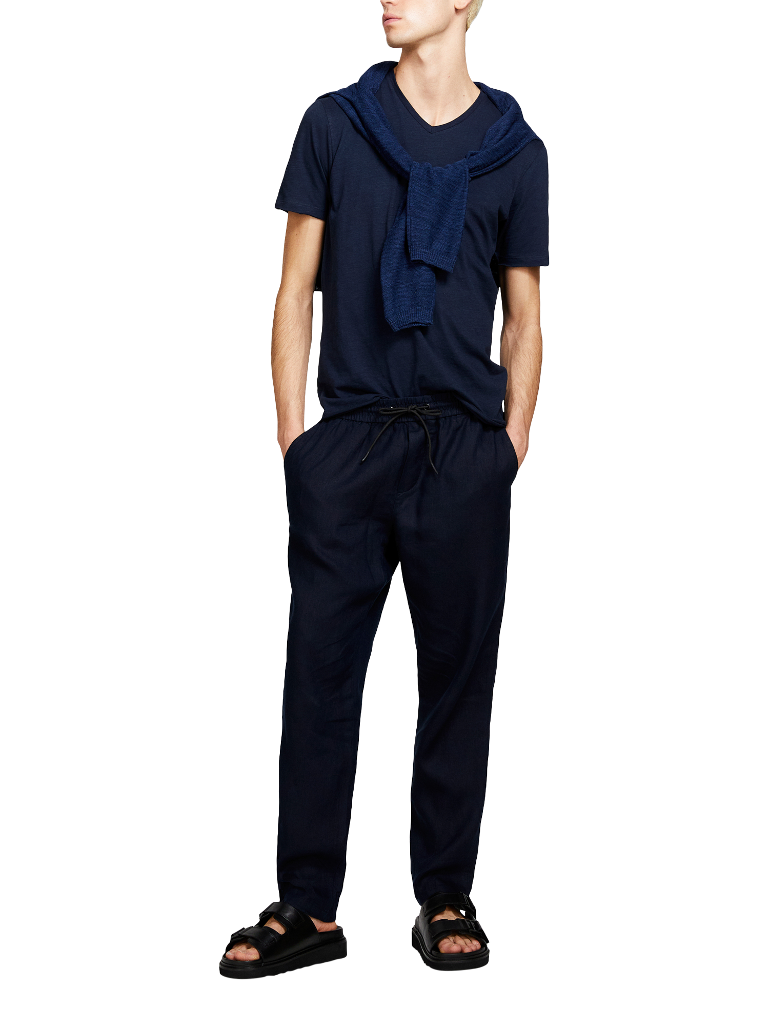 Product image 3 of 5, which shows SISLEY Drawstring Waist Linen Trousers, Blue, 30