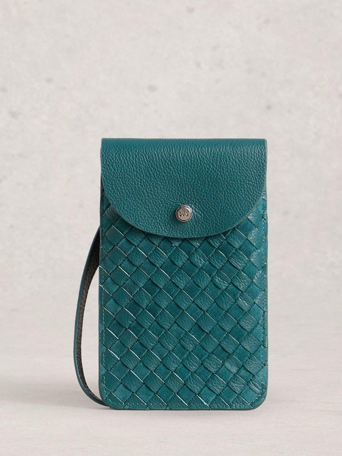 Product image 1 of 4, which shows White Stuff Coco Woven Leather Phone Bag, Dk Teal