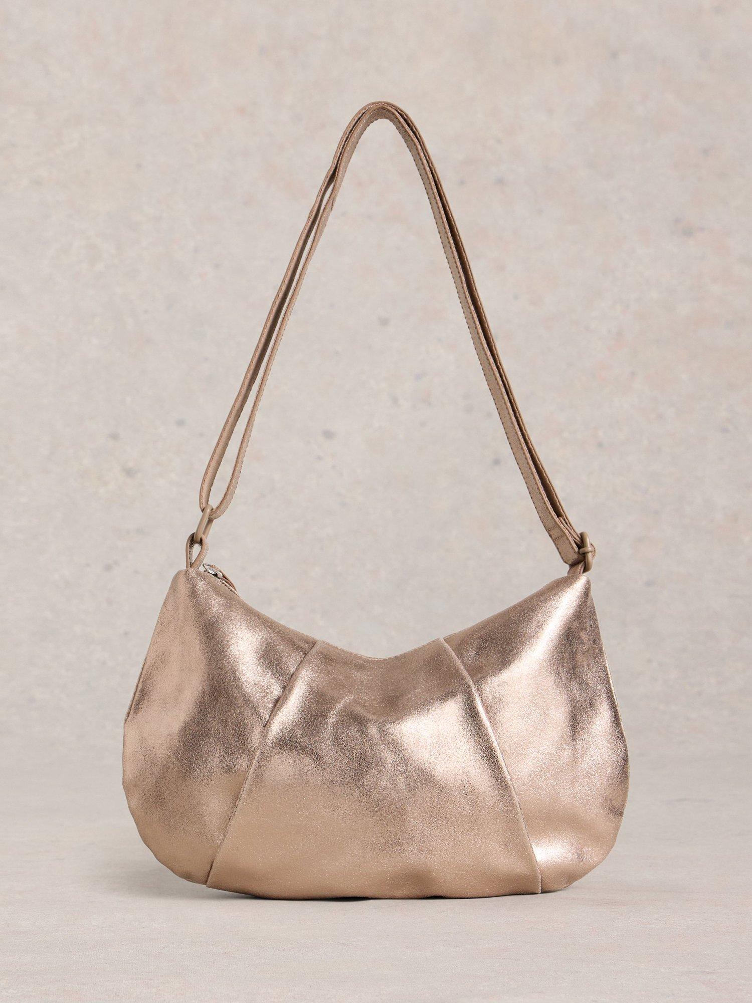 Product image 1 of 4, which shows White Stuff Lucy Leather Slouchy Shoulder Bag, Gold/Metallic