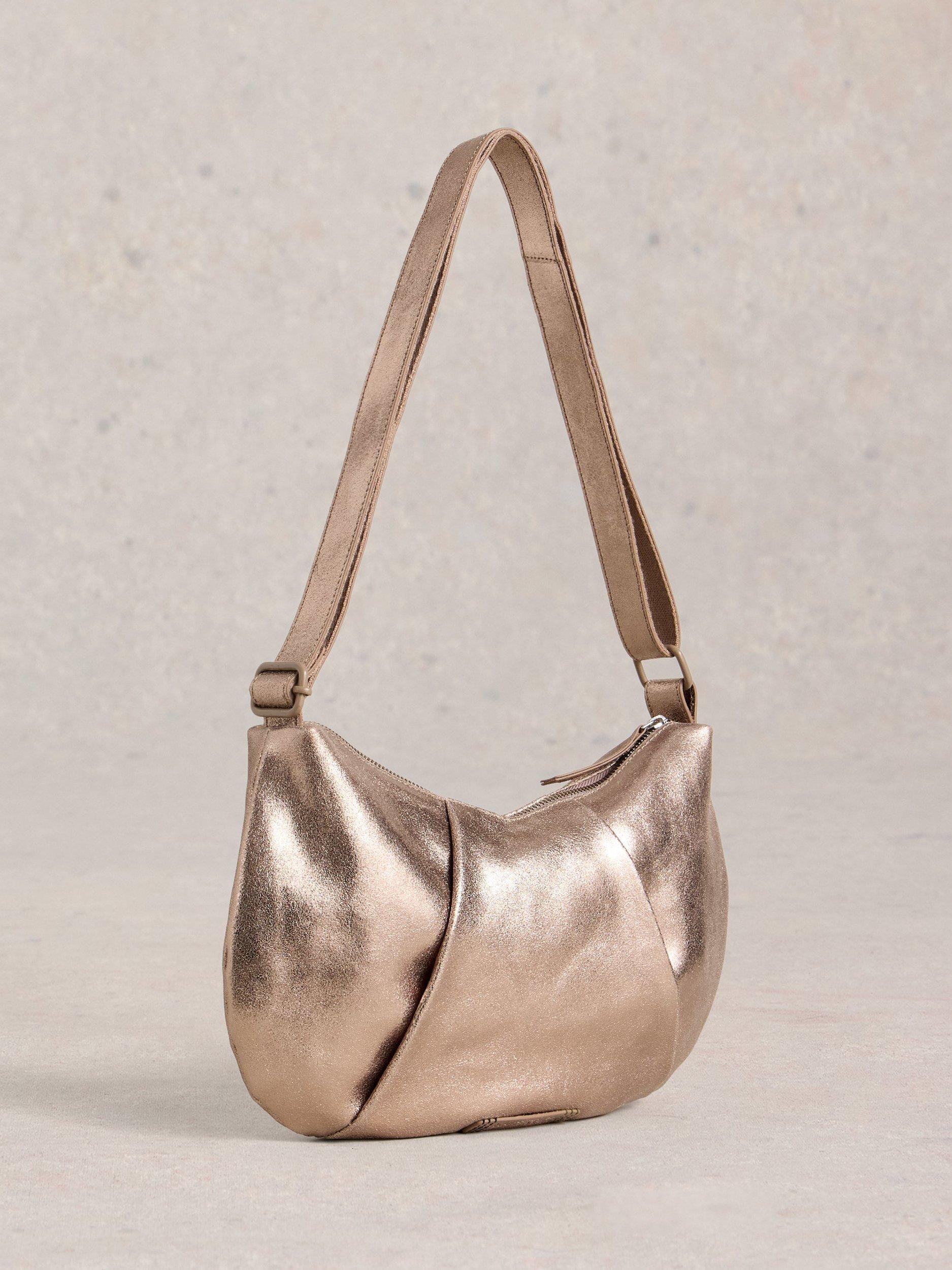 Product image 2 of 4, which shows White Stuff Lucy Leather Slouchy Shoulder Bag, Gold/Metallic