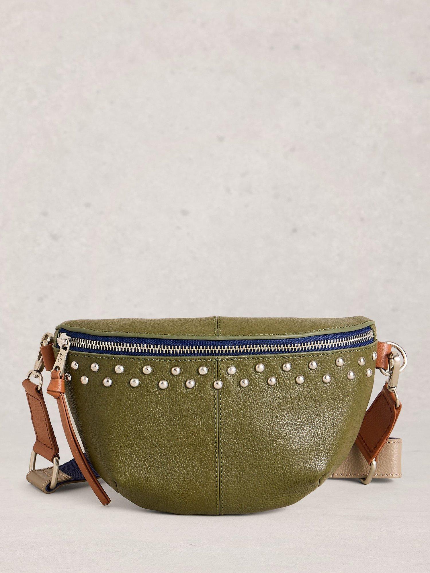 Product image 1 of 4, which shows White Stuff Mini Sebby Studded Sling Bag, Khaki Green, Green