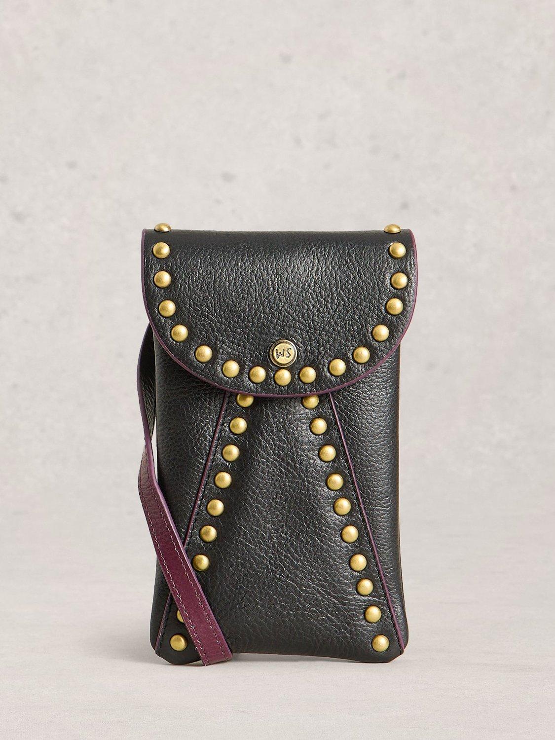 White Stuff Coco Studded Leather Phone Bag, Pure Black