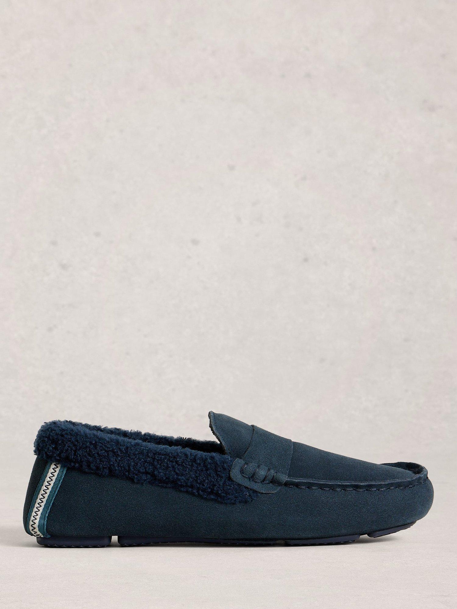 Product image 1 of 4, which shows White Stuff Suede Moccasin Slippers, Dark Navy, 7
