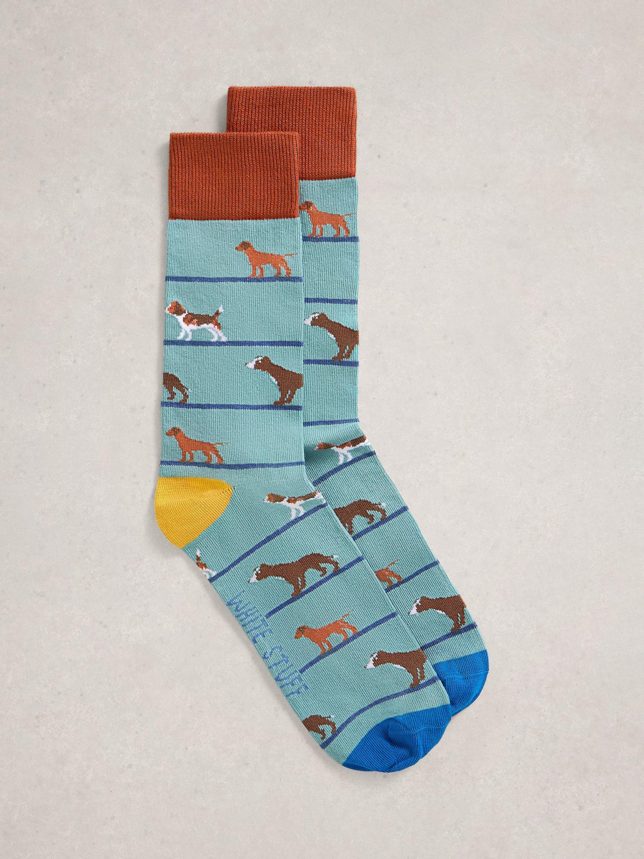 Product image 1 of 2, which shows White Stuff Dog Ankle Socks, Mid Blue, 7-8.5