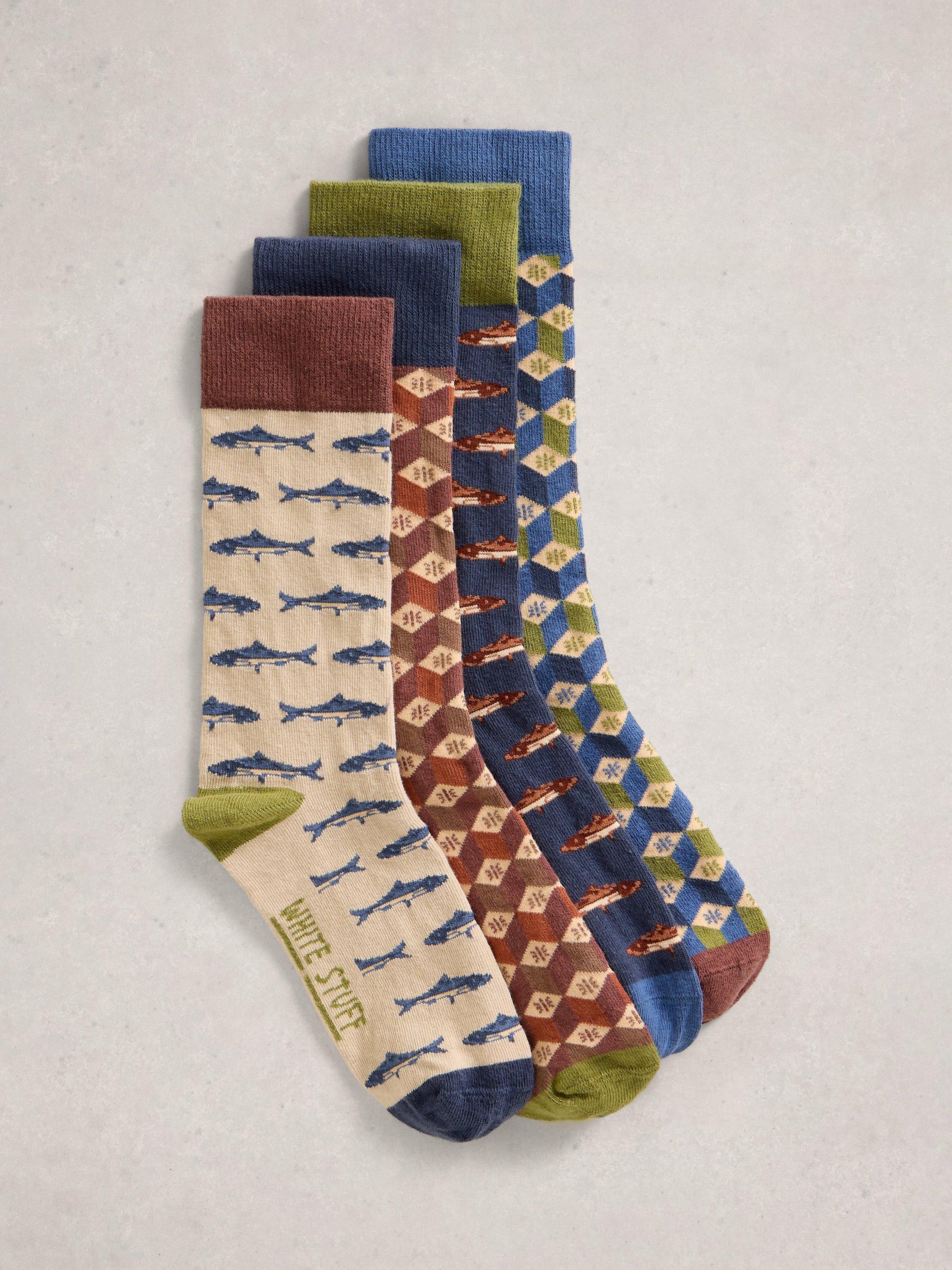 Product image 2 of 4, which shows White Stuff Patterned Cotton Blend Socks, Pack of 4, Multi, 7-8.5