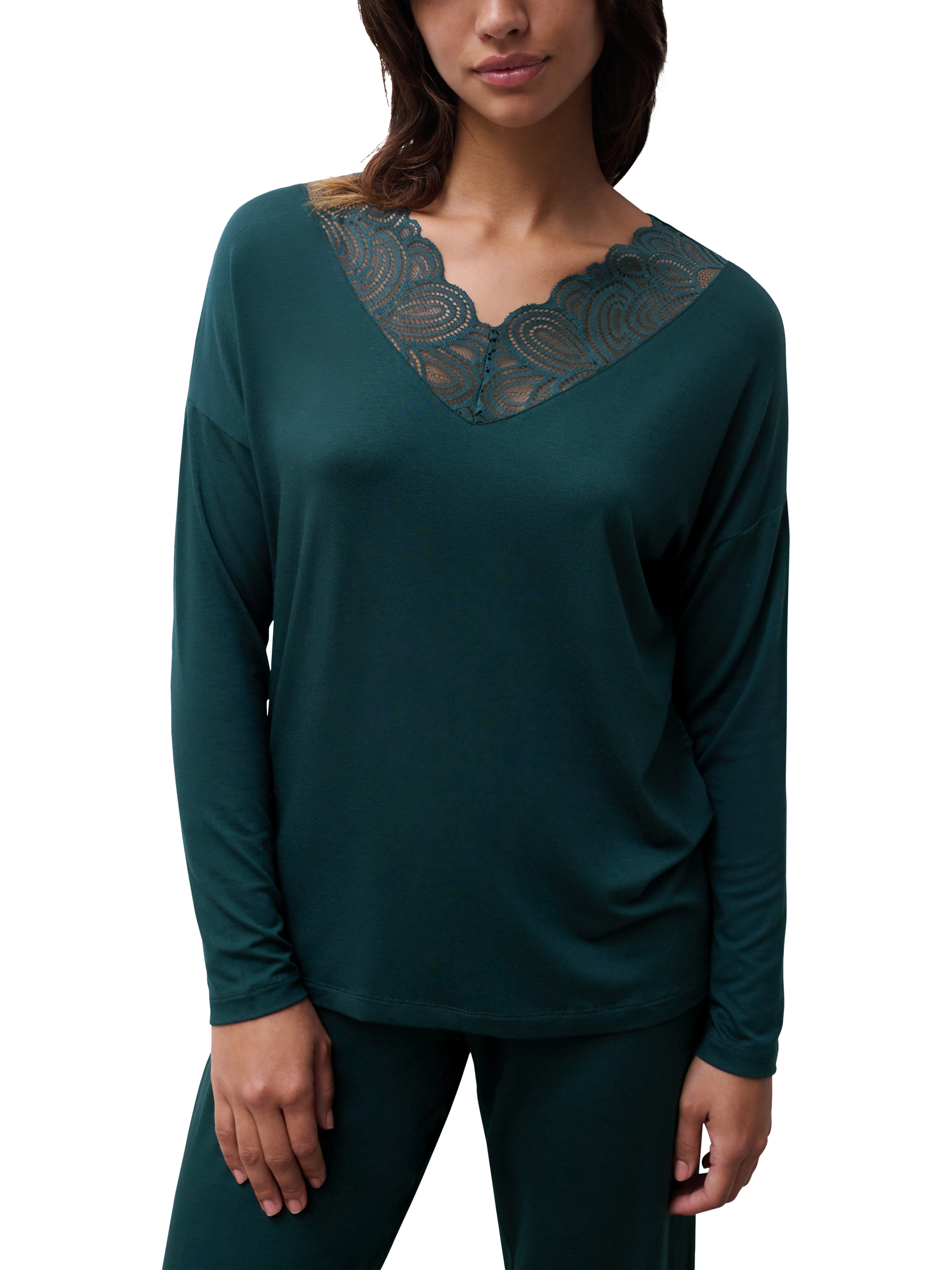 Product image 1 of 5, which shows Femilet Josie Long Sleeve V-Neck Lace Hem Lounge Top, Eden Green, XS