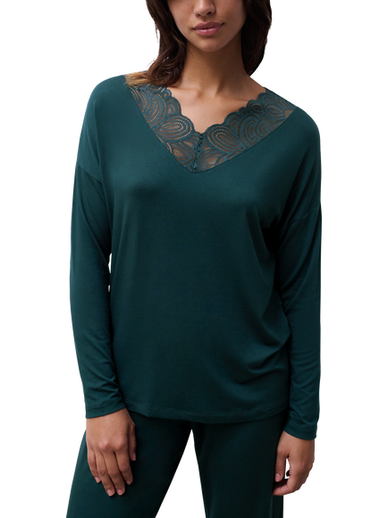 Femilet Josie Long Sleeve V-Neck Lace Hem Lounge Top, Eden Green
