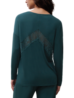 Femilet Josie Long Sleeve V-Neck Lace Hem Lounge Top - view 2, Eden Green
