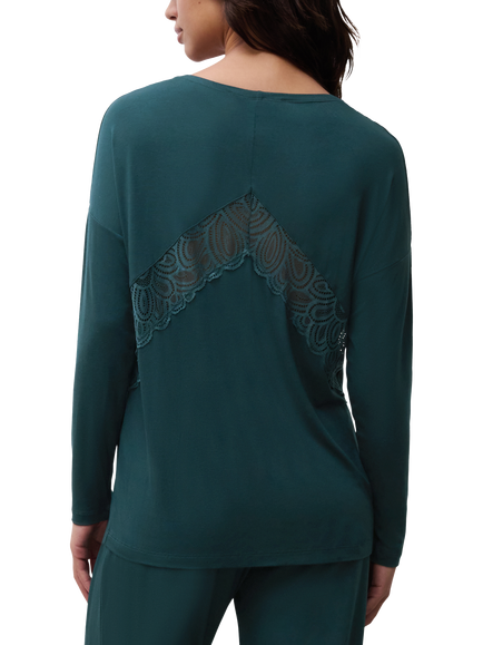 Femilet Josie Long Sleeve V-Neck Lace Hem Lounge Top - view 2, Eden Green