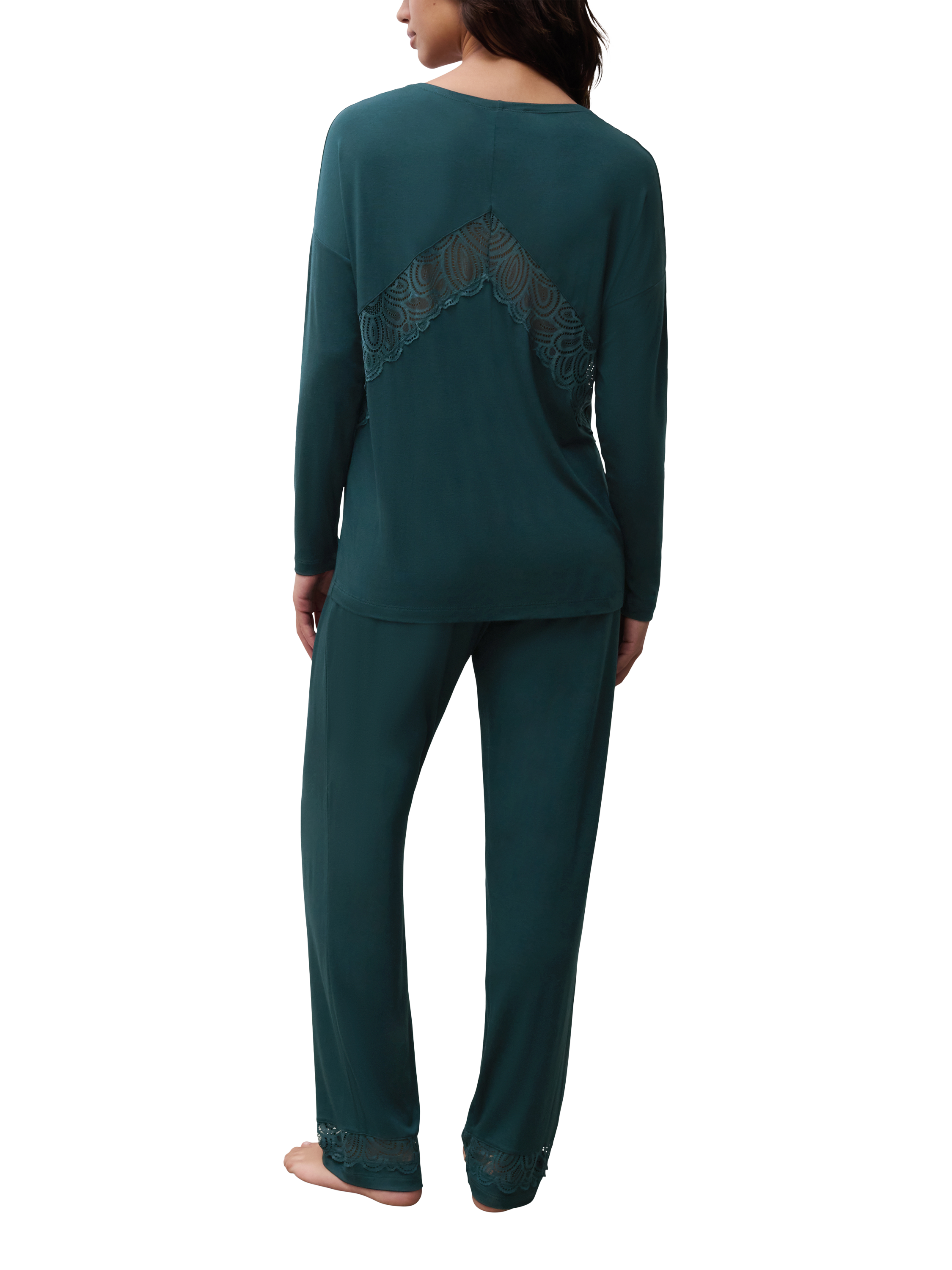 Product image 4 of 5, which shows Femilet Josie Long Sleeve V-Neck Lace Hem Lounge Top, Eden Green, XS