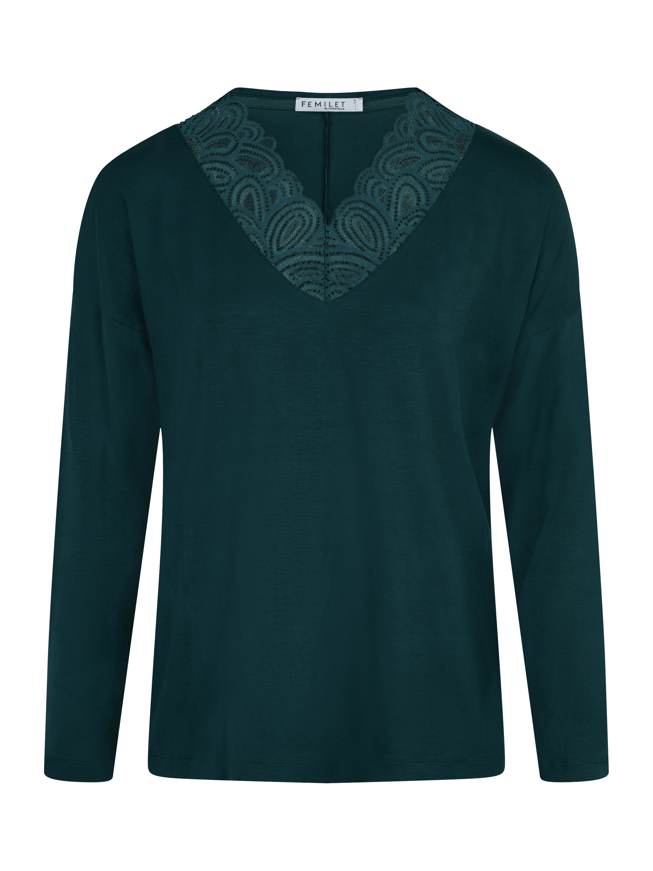 Product image 5 of 5, which shows Femilet Josie Long Sleeve V-Neck Lace Hem Lounge Top, Eden Green, XS