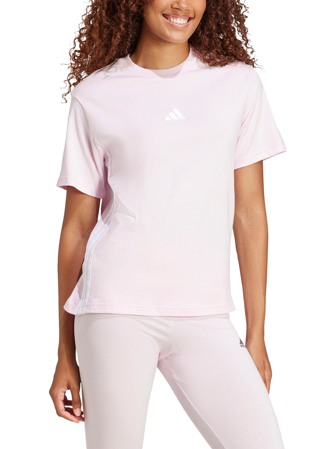 Product image 1 of 6, which shows adidas 3 Stripe T-Shirt, Pink/White, XS