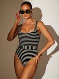 South Beach Stripe Tummy Control Swimsuit, Black