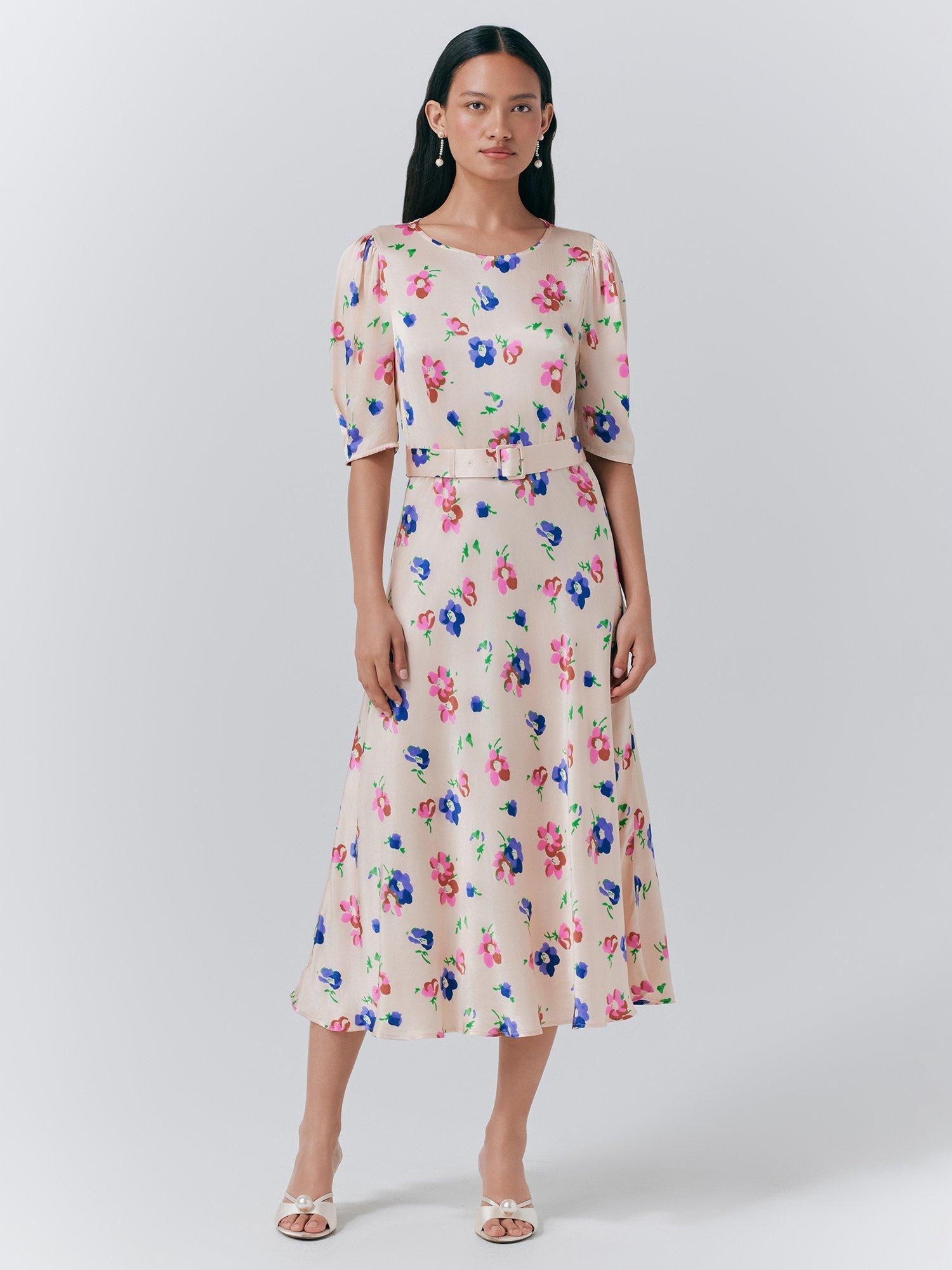 Product image 1 of 5, which shows Ghost Lenora Floral Belted Midi Dress, Cream, XS