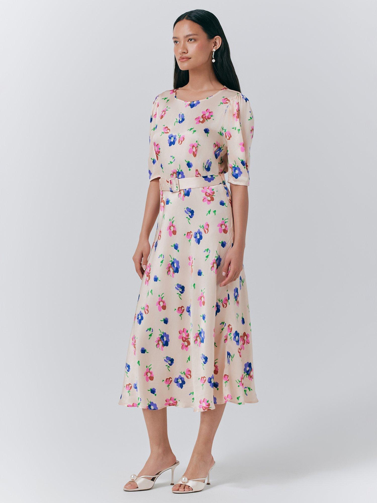 Product image 2 of 5, which shows Ghost Lenora Floral Belted Midi Dress, Cream, XS