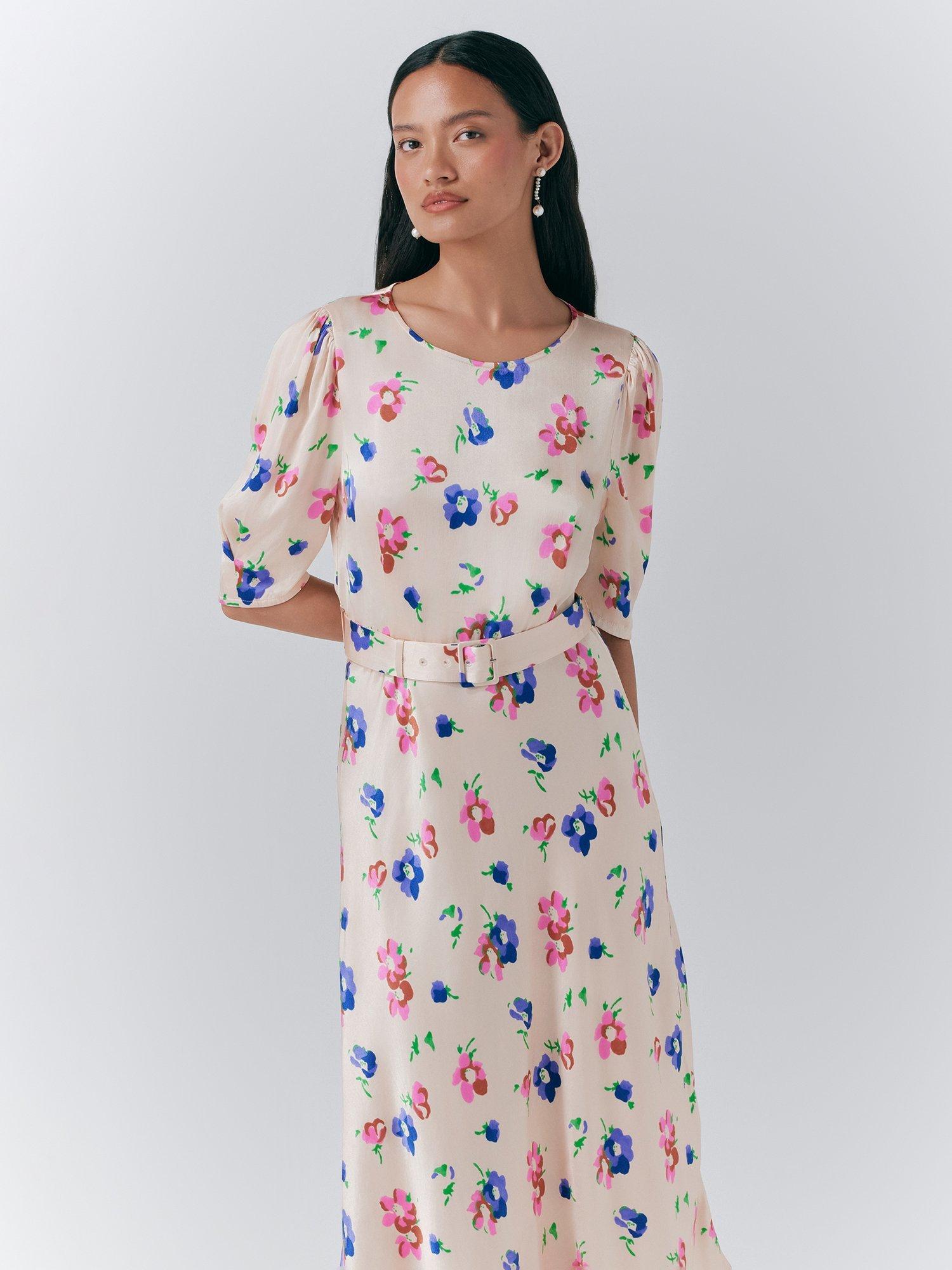 Product image 3 of 5, which shows Ghost Lenora Floral Belted Midi Dress, Cream, XS