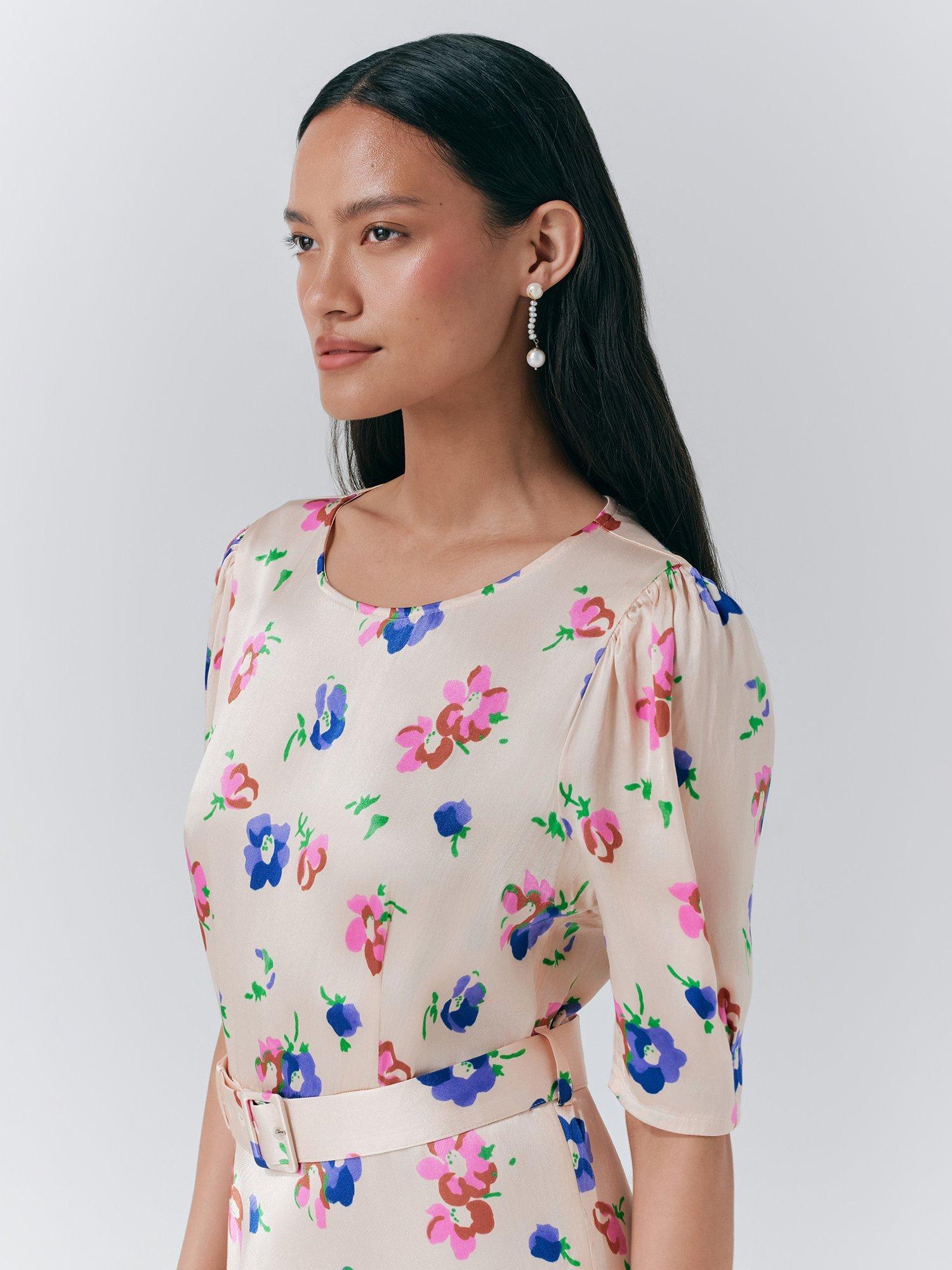 Product image 4 of 5, which shows Ghost Lenora Floral Belted Midi Dress, Cream, XS