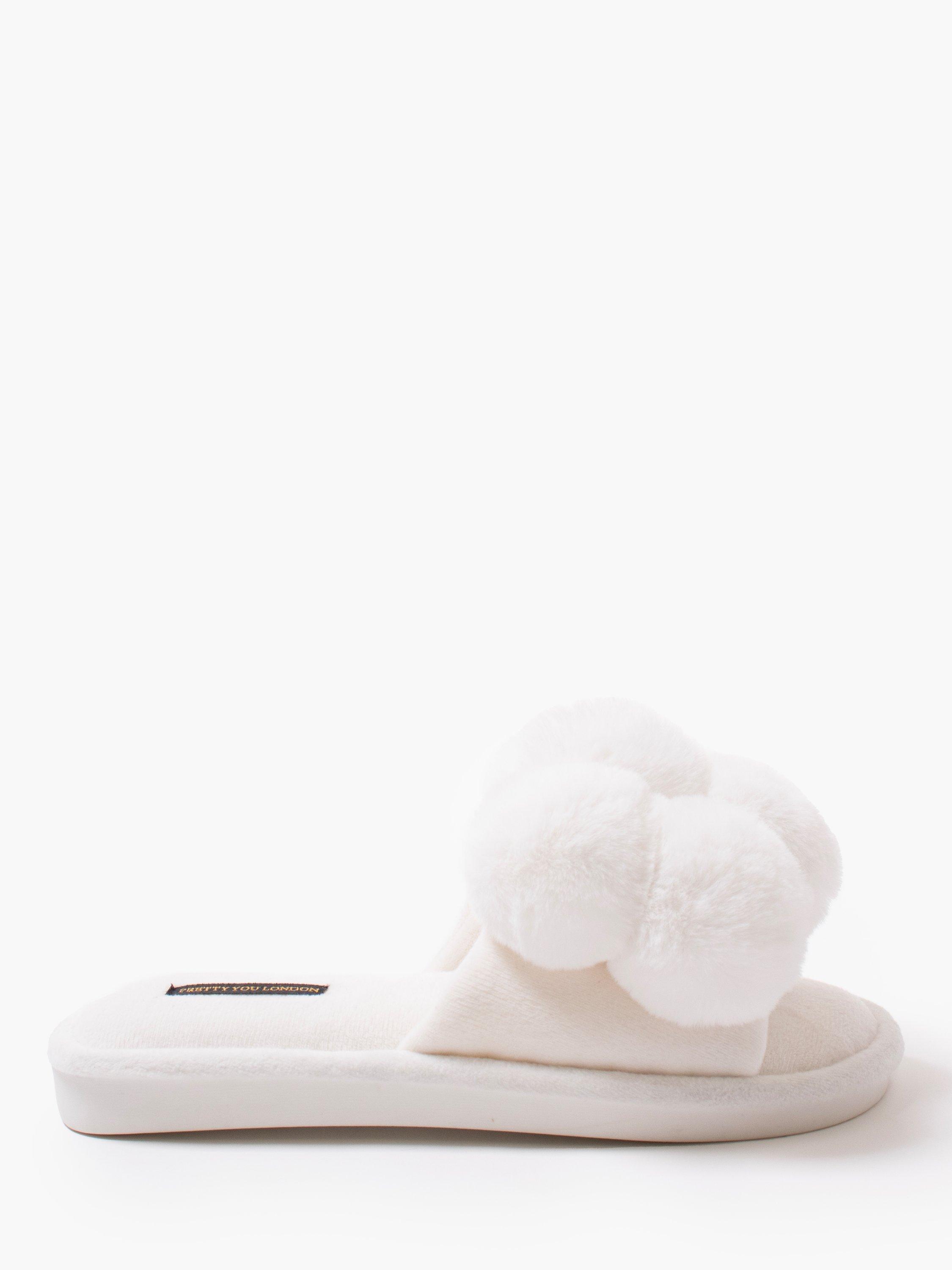 Pretty You London Dolly Pom Pom Slippers, White