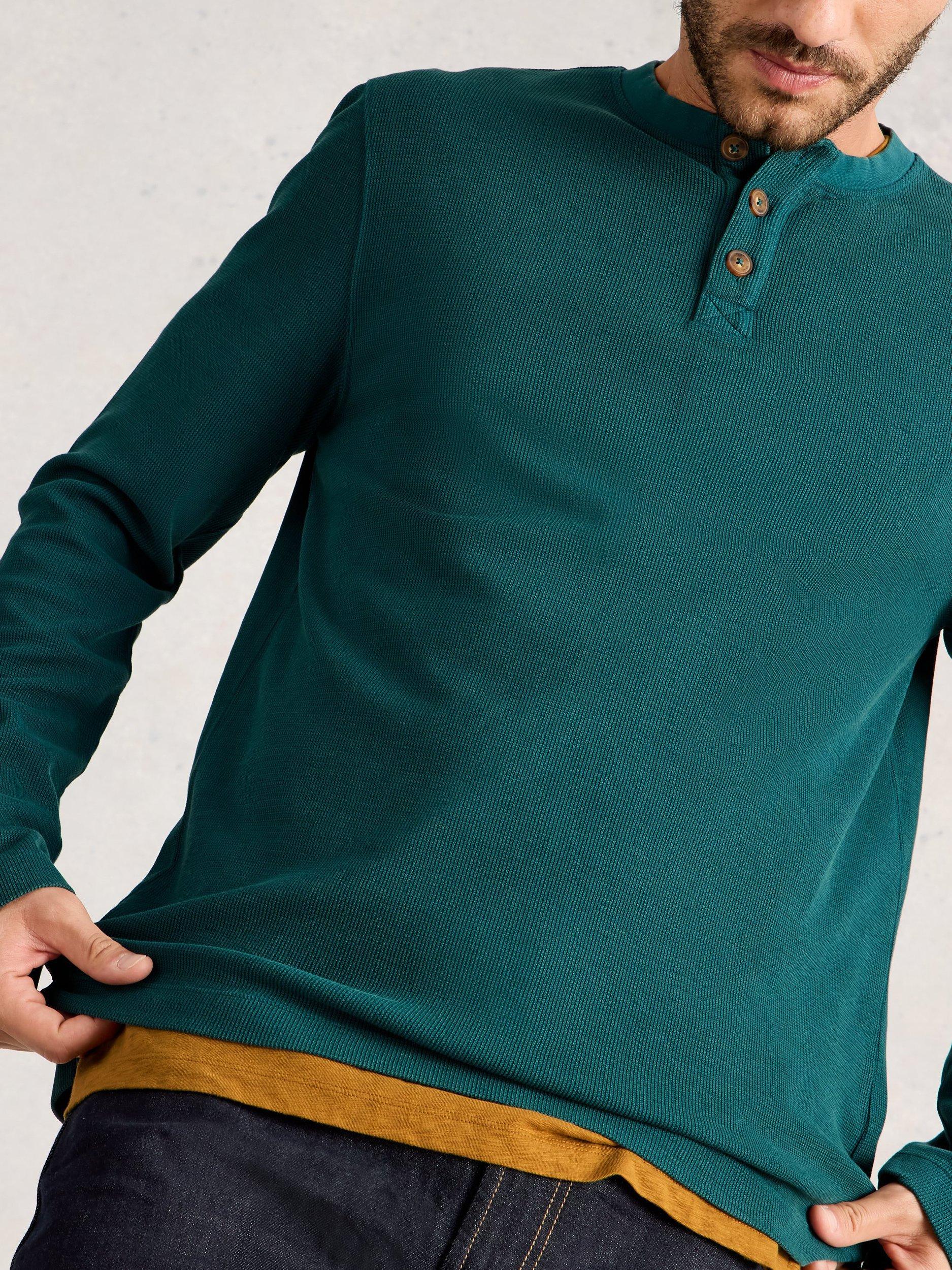 Product image 5 of 6, which shows White Stuff Helston Cotton Henley Pyjama Top, Mid Green, S