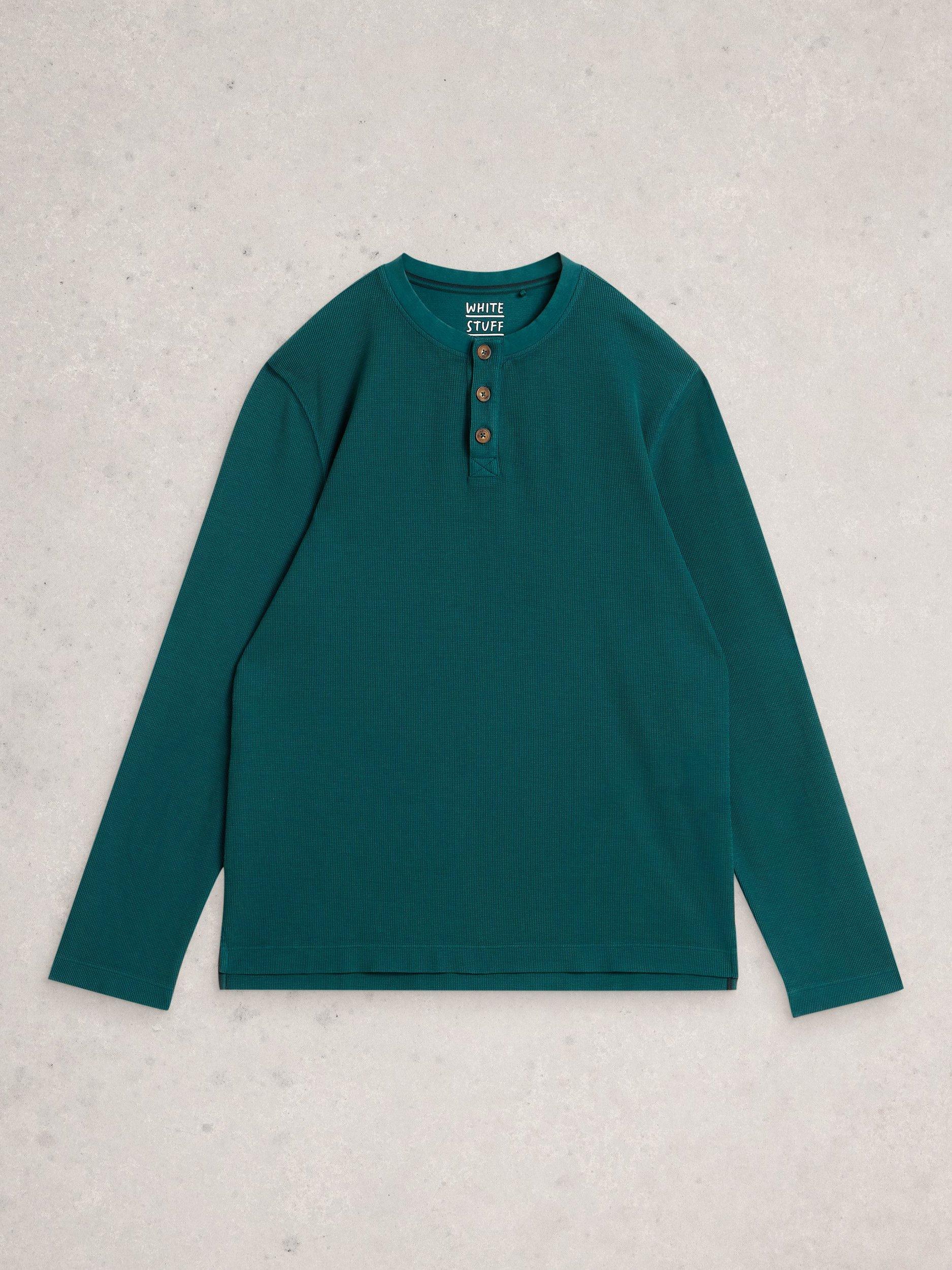 Product image 1 of 6, which shows White Stuff Helston Cotton Henley Pyjama Top, Mid Green, S